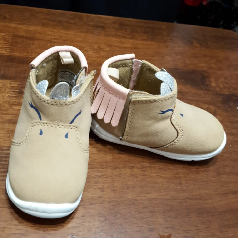 Carter's tan pink unicorn booties velcro fasten sparkle ears and horn sz 3 …EUC